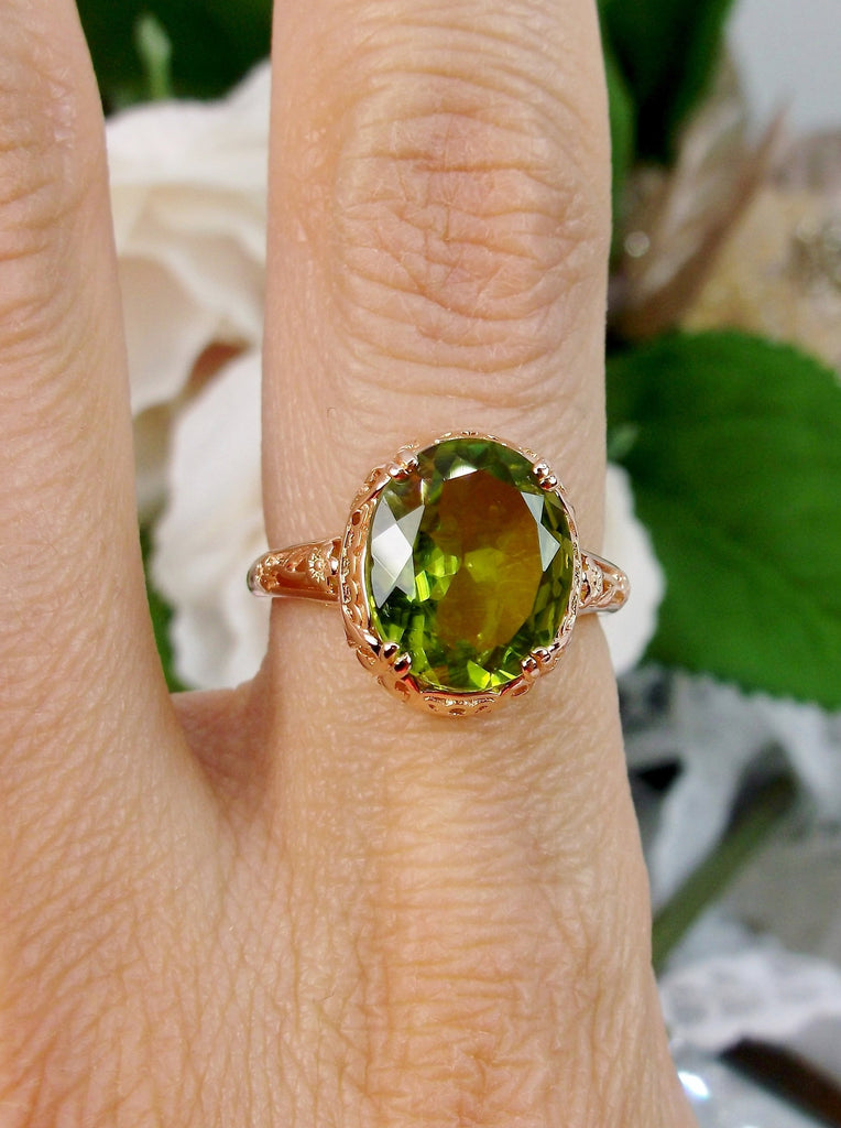 Natural Peridot Ring, 4 carat natural Green Peridot oval gemstone, Rose Gold over Sterling Silver floral Filigree, Edward design #D70z, top view on ring finger