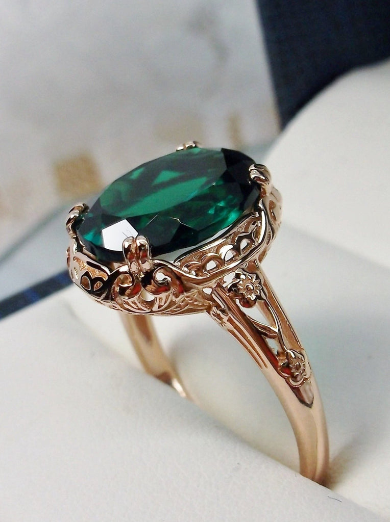 Natural Emerald Rose Gold Sterling Silver Filigree Ring, Edward Design #D70z, side view