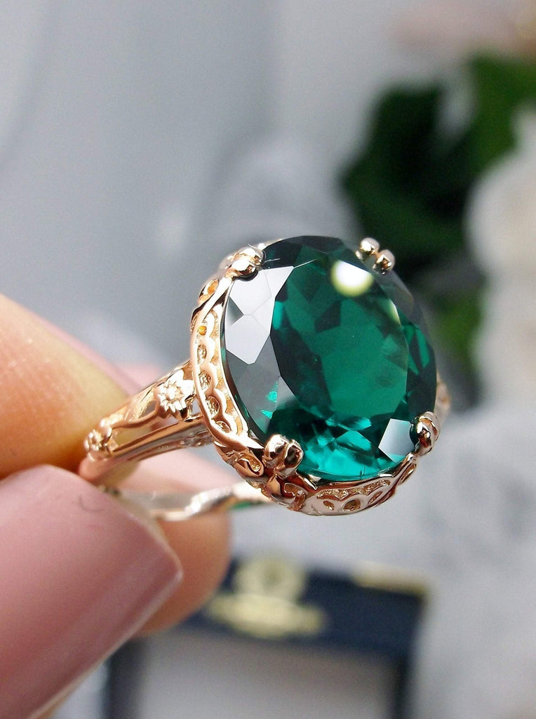 Natural Emerald Rose Gold Sterling Silver Filigree Ring, Edward Design #D70z, side & front view