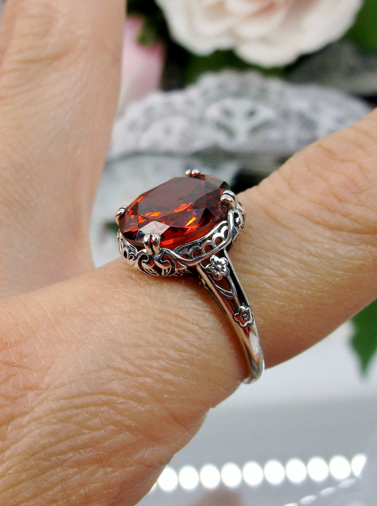 Red Garnet CZ Ring, Sterling Silver floral filigree, Edward Design #D70z,  side & top view on finger