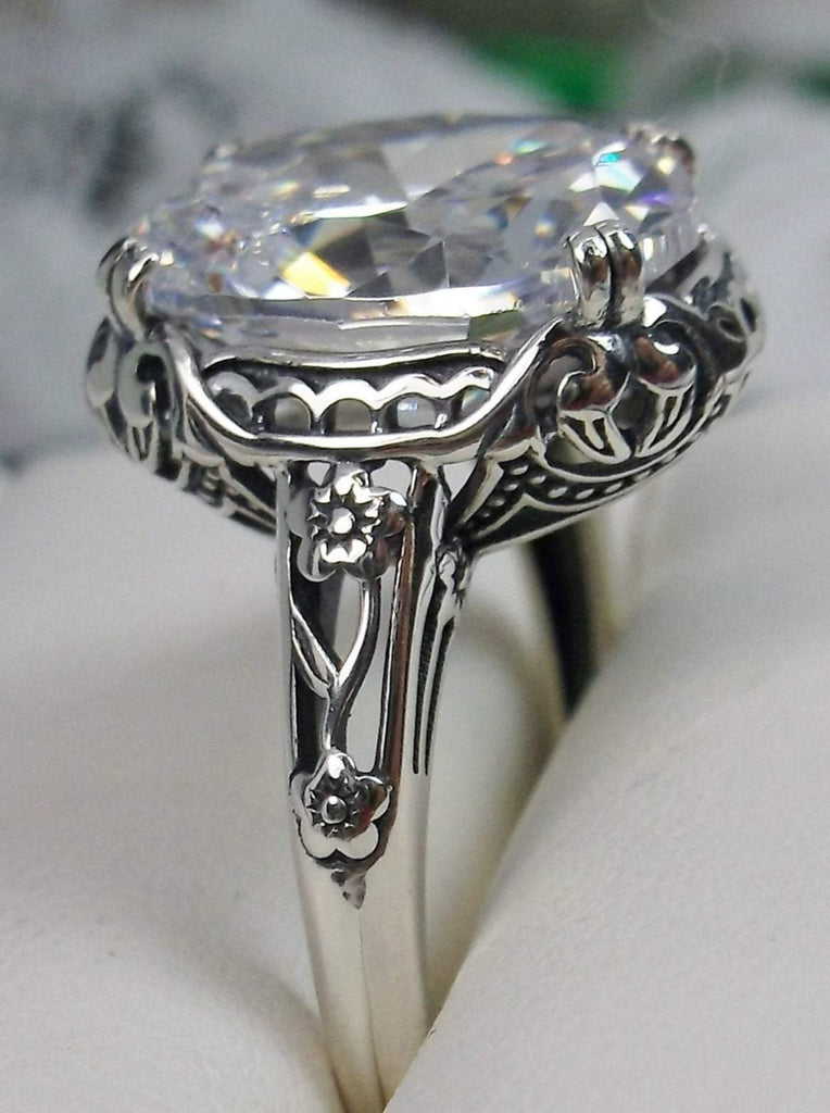 White CZ Ring, cubic zirconia gemstone, Sterling Silver floral Filigree, Edward design #D70z, side view in ring box
