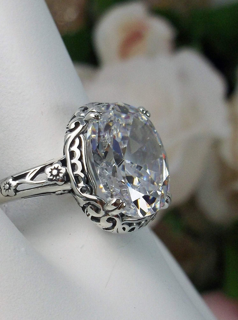 White CZ Ring, cubic zirconia gemstone, Sterling Silver floral Filigree, Edward design #D70z, side view on hand form