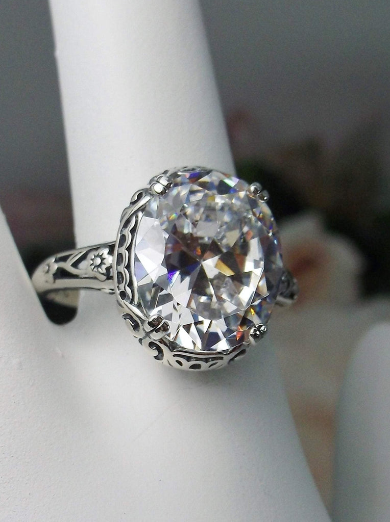 White CZ Ring, cubic zirconia gemstone, Sterling Silver floral Filigree, Edward design #D70z,  top view on hand form
