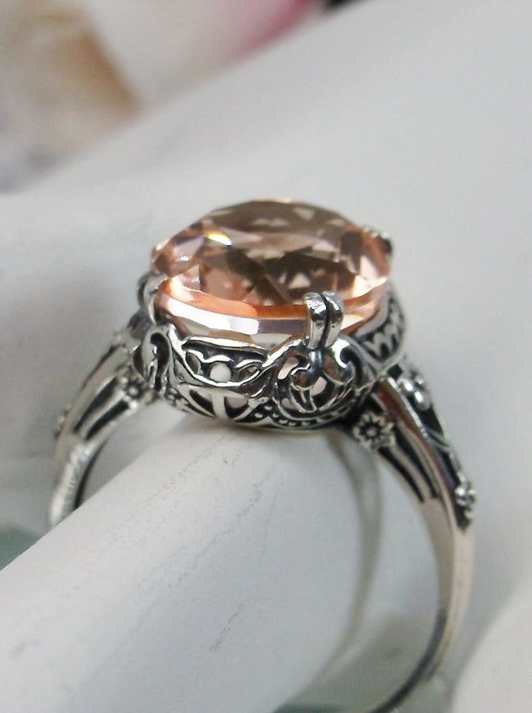 Peach Topaz Ring, 4 carat simulated topaz, Sterling Silver floral Filigree, Edward design #D70z,  top side view