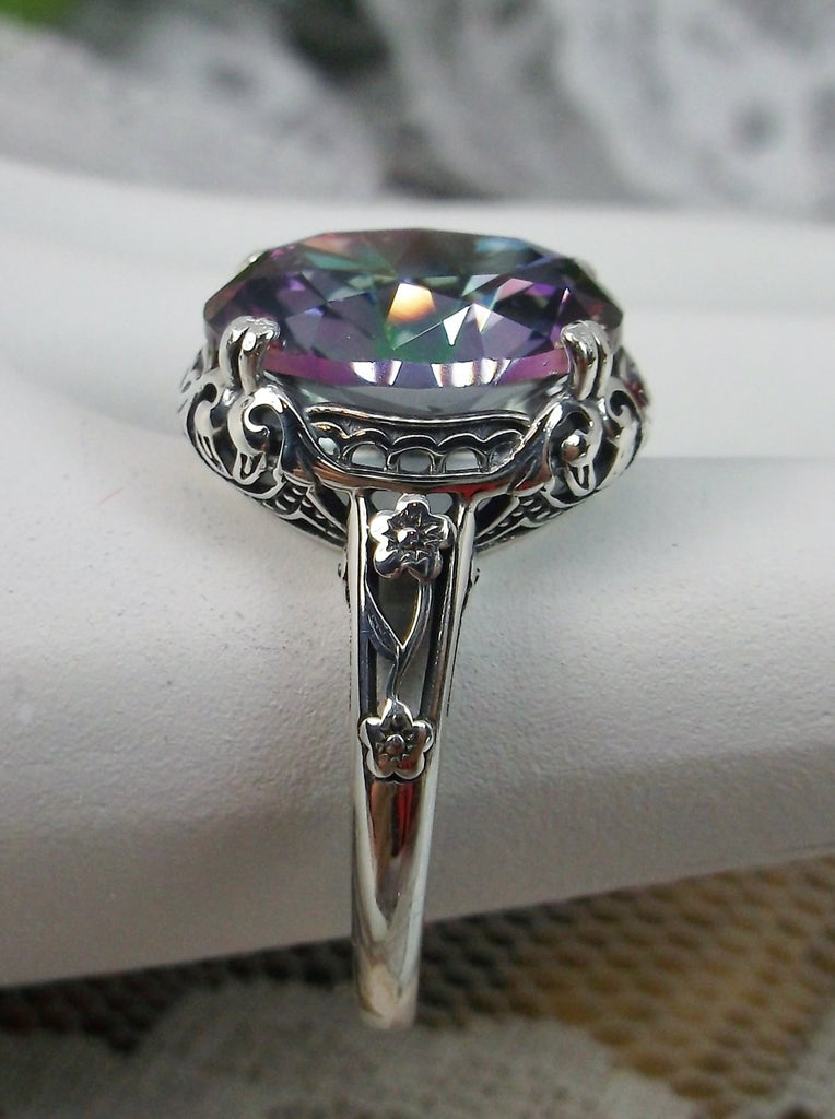 Mystic topaz ring, simulated Rainbow Topaz, Sterling Silver floral Filigree, Edward design#D70z, side view on hand form