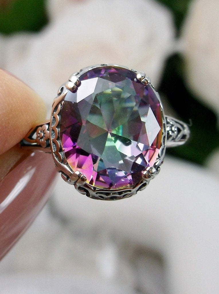 Mystic topaz ring, simulated Rainbow Topaz, Sterling Silver floral Filigree, Edward design#D70z,  top view of stone and setting