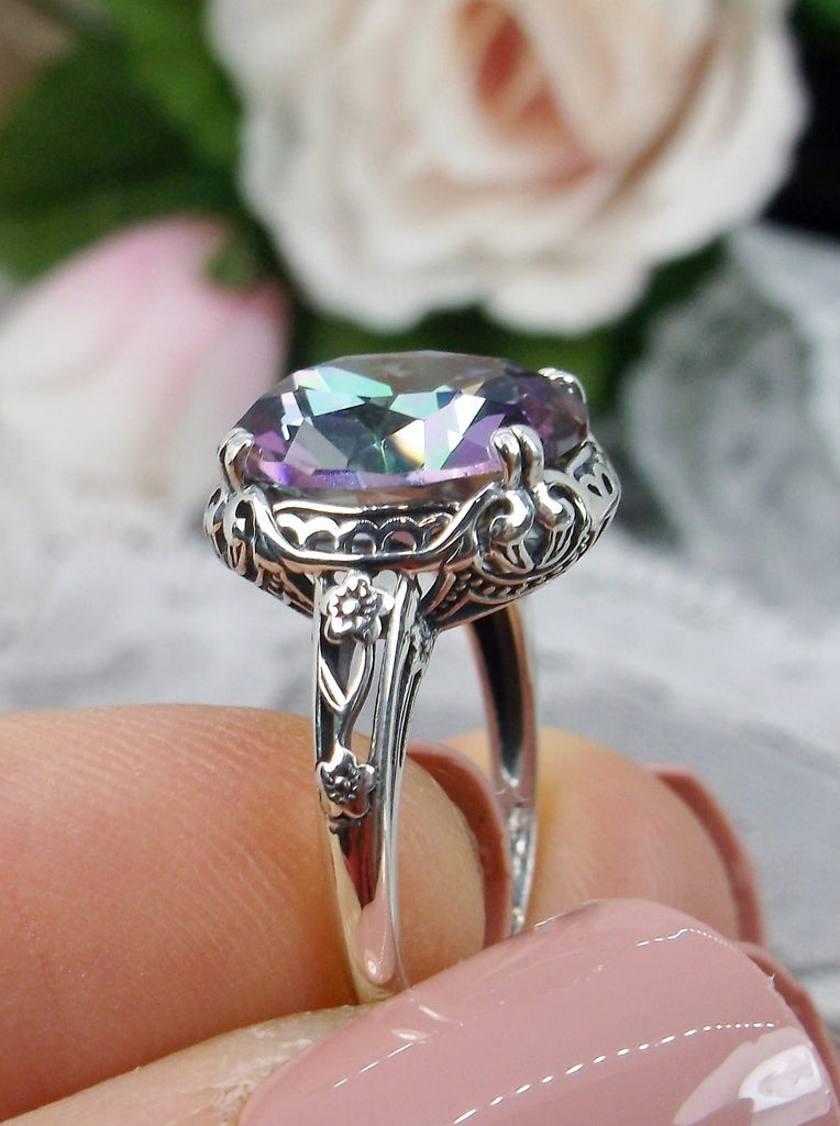 Mystic topaz ring, simulated Rainbow Topaz, Sterling Silver floral Filigree, Edward design#D70z, off set side view of filigree