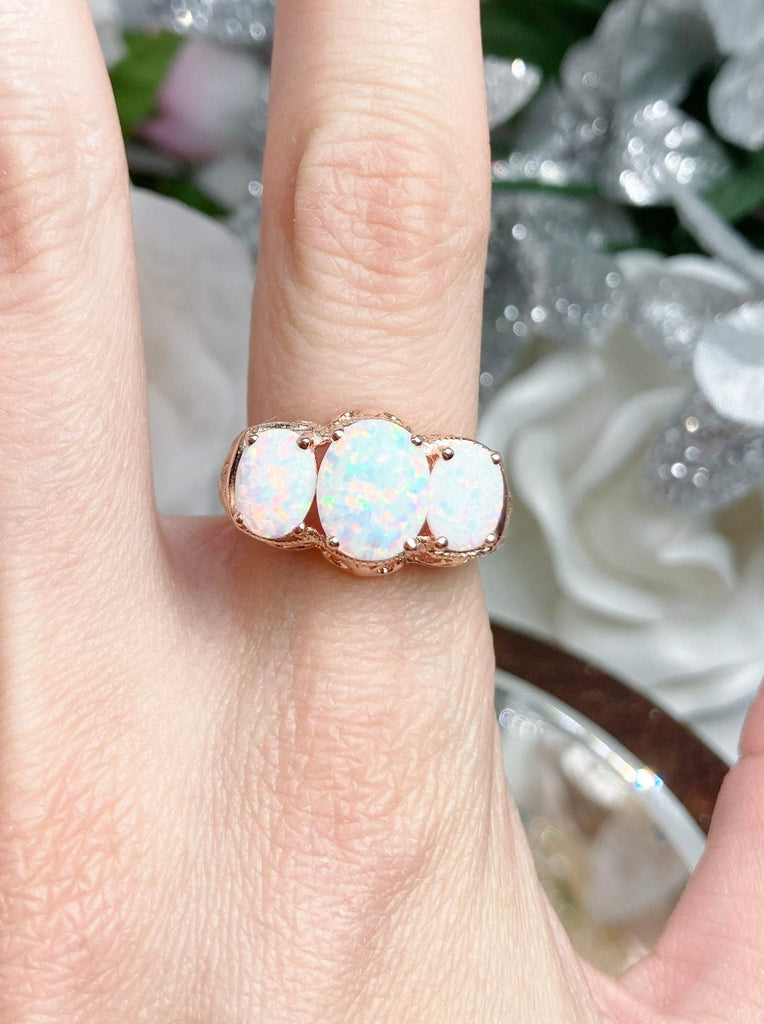 Rainbow Opal Ring, Triple 3-Stone design, rose gold filigree, Art Deco Jewelry