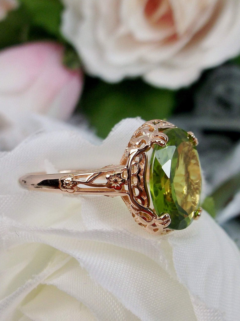 Natural Peridot Ring, 4 carat natural Green Peridot oval gemstone, Rose Gold over Sterling Silver floral Filigree, Edward design #D70z, side view