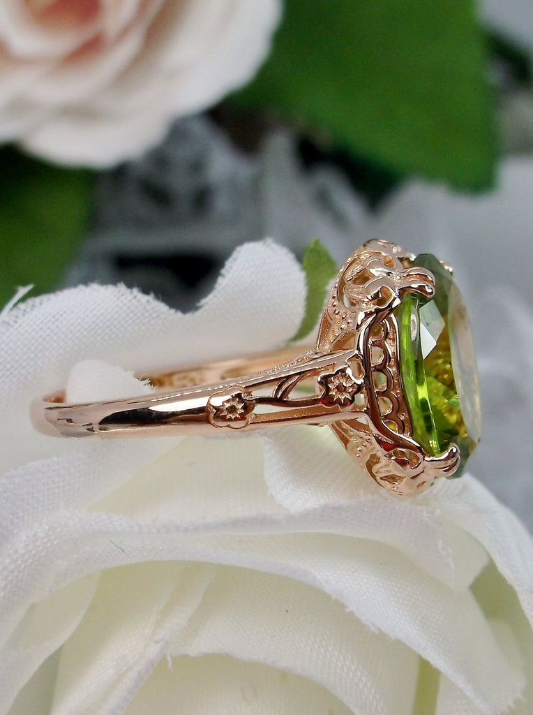 Natural Peridot Ring, 4 carat natural Green Peridot oval gemstone, Rose Gold over Sterling Silver floral Filigree, Edward design #D70z, side view