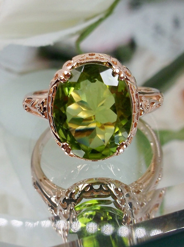 Natural Peridot Ring, 4 carat natural Green Peridot oval gemstone, Rose Gold over Sterling Silver floral Filigree, Edward design #D70z, top view on mirror surface