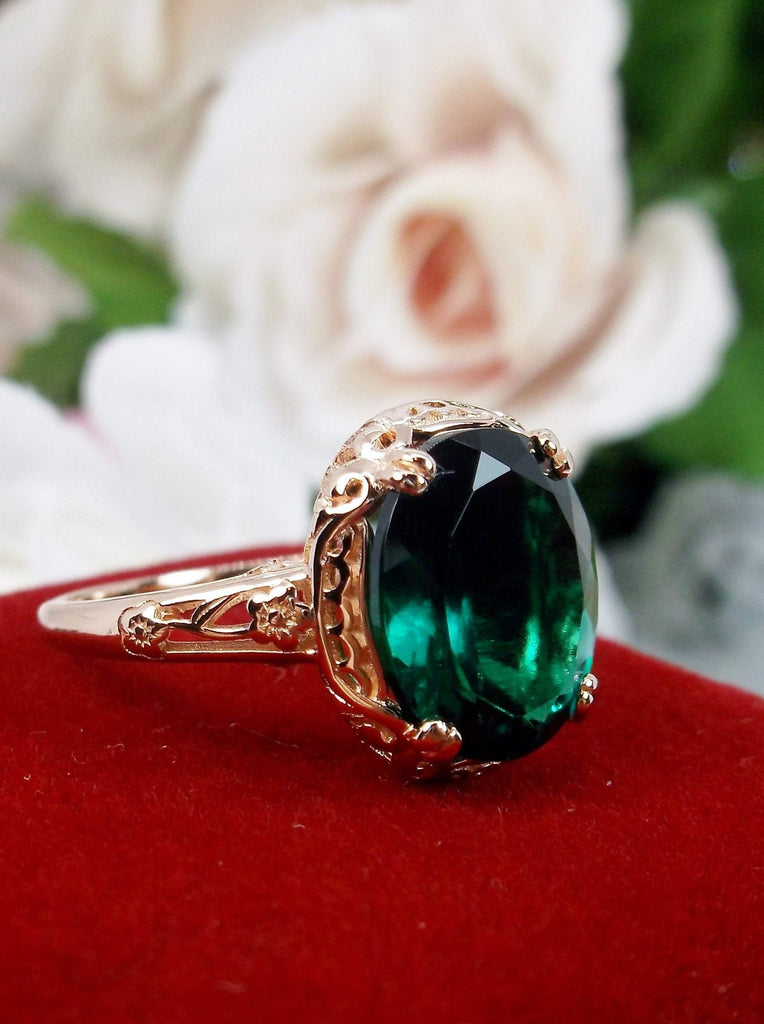 Natural Emerald Rose Gold Sterling Silver Filigree Ring, Edward Design #D70z, side & front view on red velvet