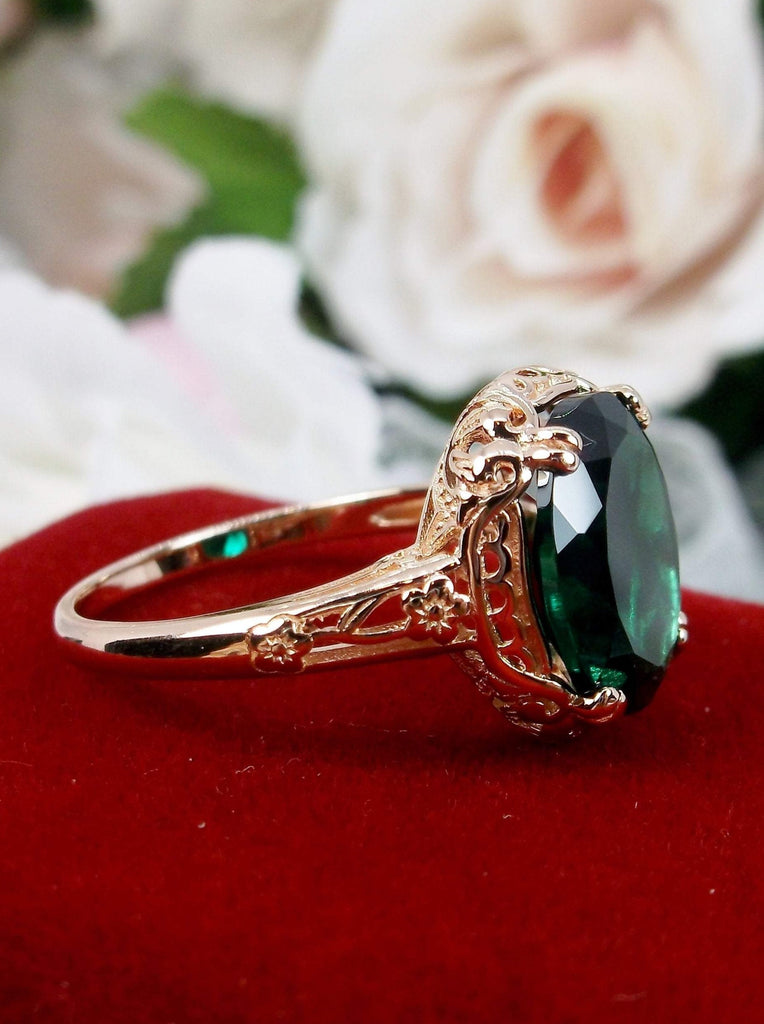 Natural Emerald Rose Gold Sterling Silver Filigree Ring, Edward Design #D70z, side view on red velvet