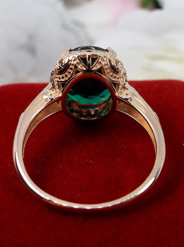Natural Emerald Rose Gold Sterling Silver Filigree Ring, Edward Design #D70z, back view of setting and stone