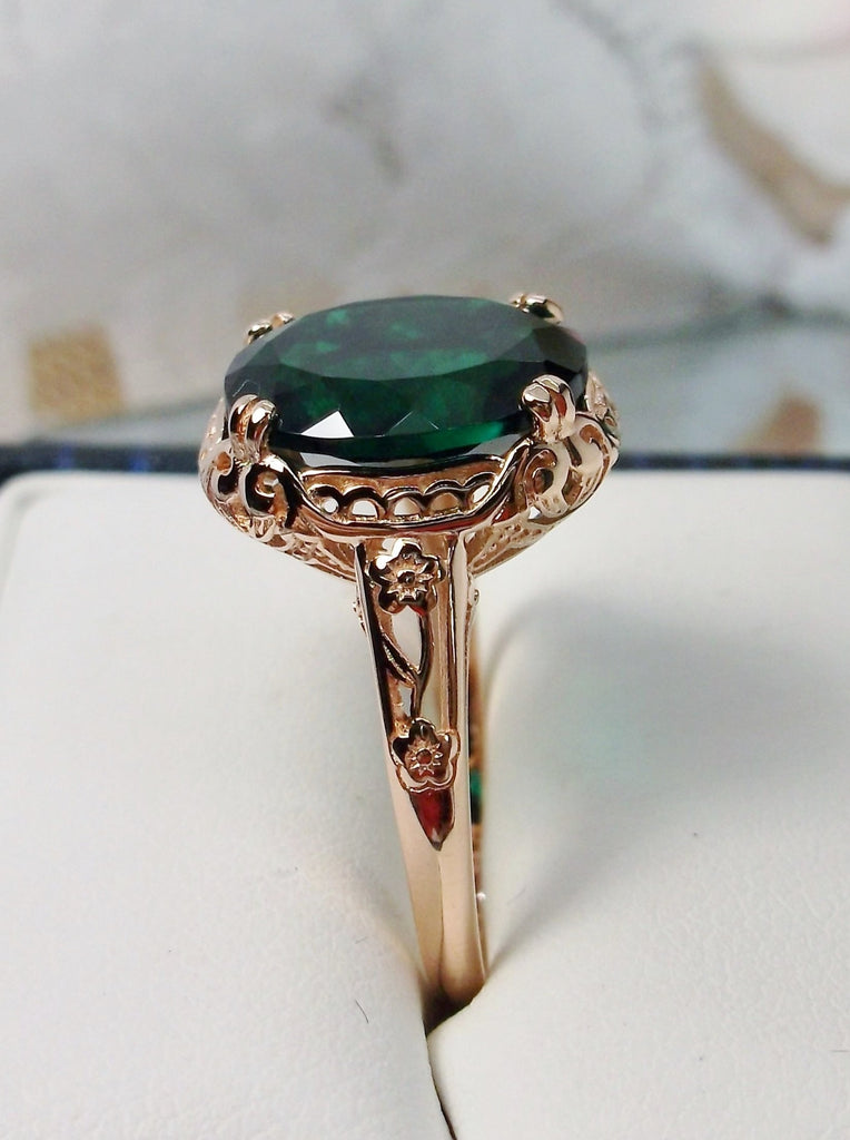 Natural Emerald Rose Gold Sterling Silver Filigree Ring, Edward Design #D70z, side view in ring box