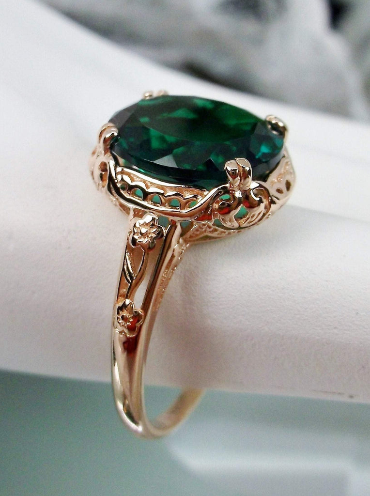 Natural Emerald Rose Gold Sterling Silver Filigree Ring, Edward Design #D70z, side view on ring holder