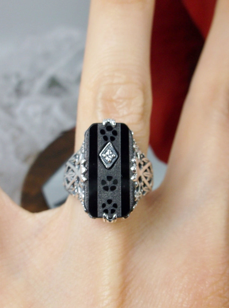 Black Carved Camphor Glass ring, Inset gemstone, Antique filigree, Sterling silver Victorian design, D31, Silver Embrace Jewelry