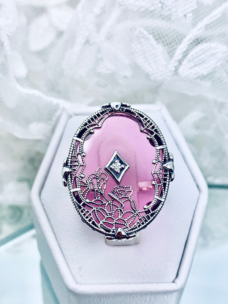 Pink Stained Glass Oval Ring, Sterling silver filigree, White CZ Inset or Moissanite Inset, Vintage jewelry, Silver Embrace Jewelry, D594