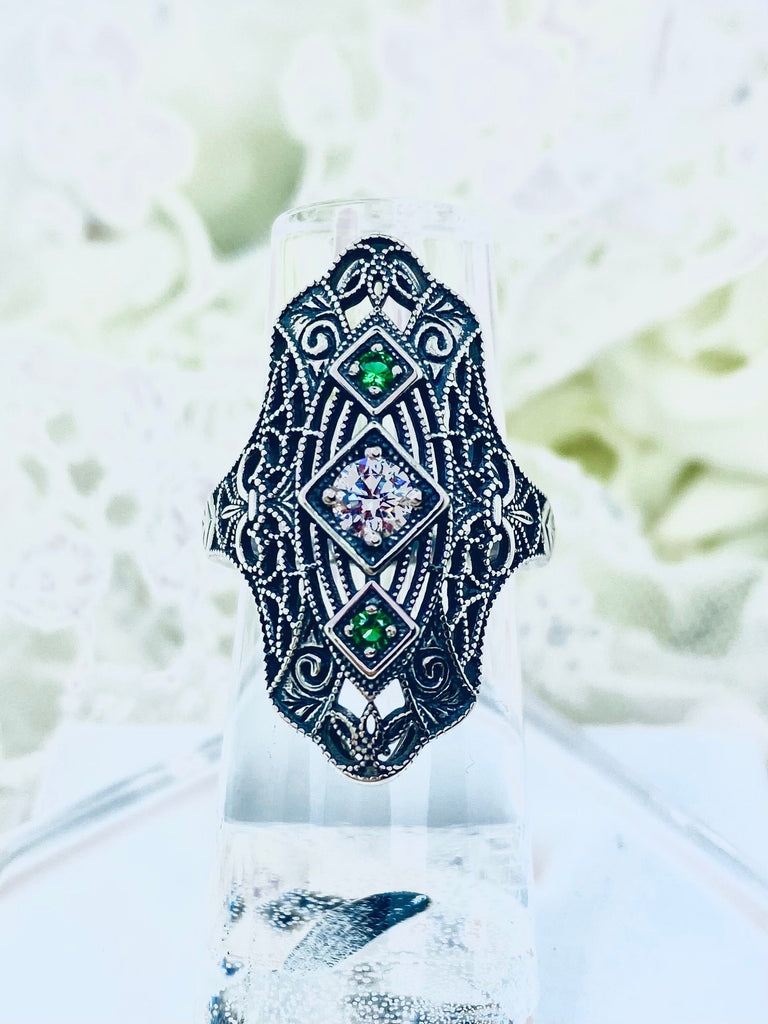 White CZ & Emerald Ring, Art deco jewelry, Gatsby style, early 20th century jewelry, Sterling Silver Jewelry, Silver Embrace Jewelry, D593