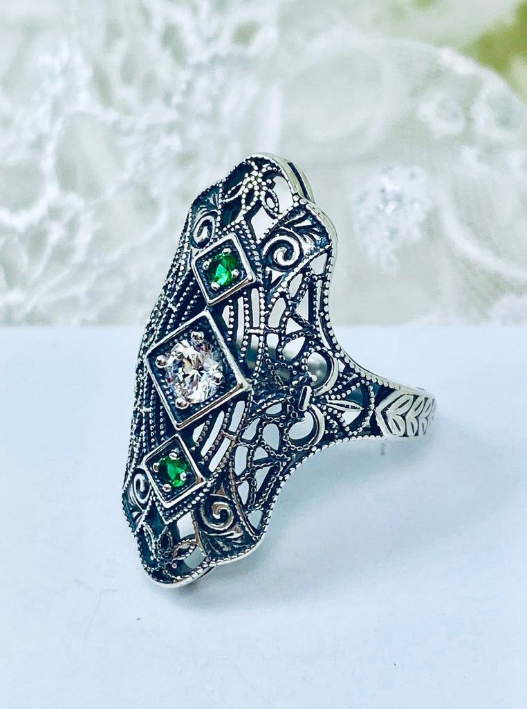 White CZ & Emerald Ring, Art deco jewelry, Gatsby style, early 20th century jewelry, Sterling Silver Jewelry, Silver Embrace Jewelry, D593