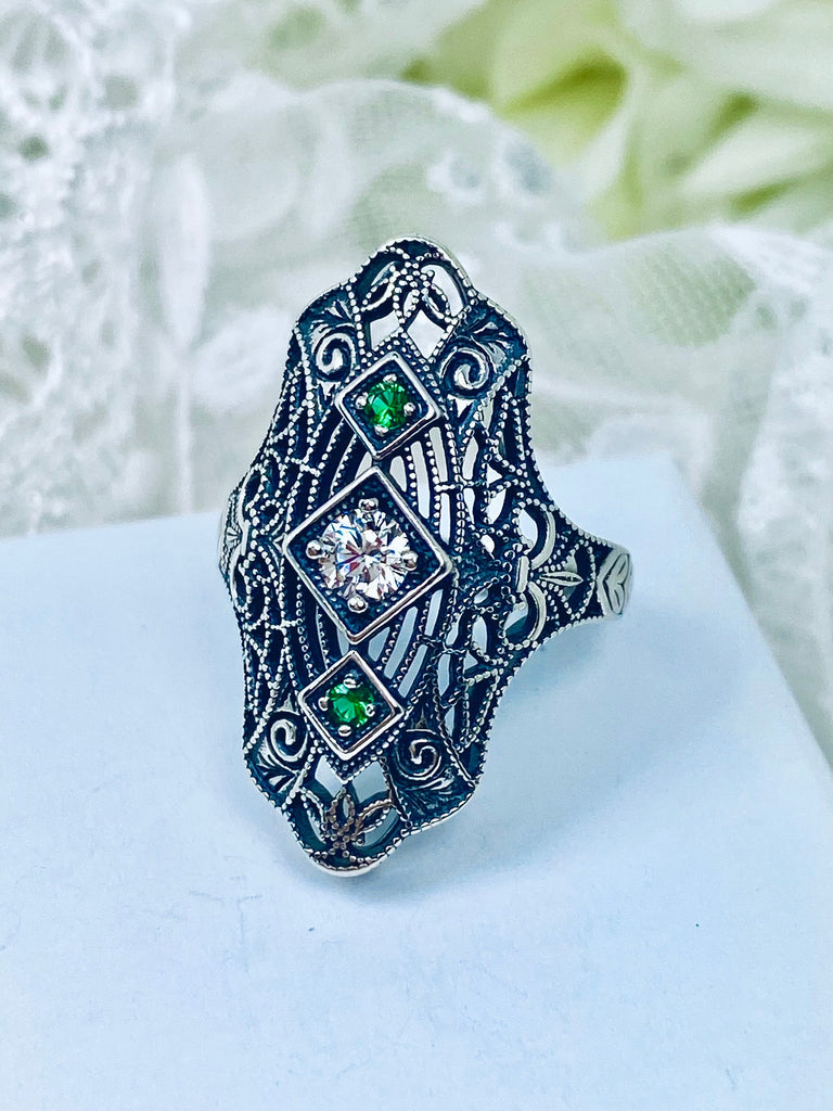 White CZ & Emerald Ring, Art deco jewelry, Gatsby style, early 20th century jewelry, Sterling Silver Jewelry, Silver Embrace Jewelry, D593