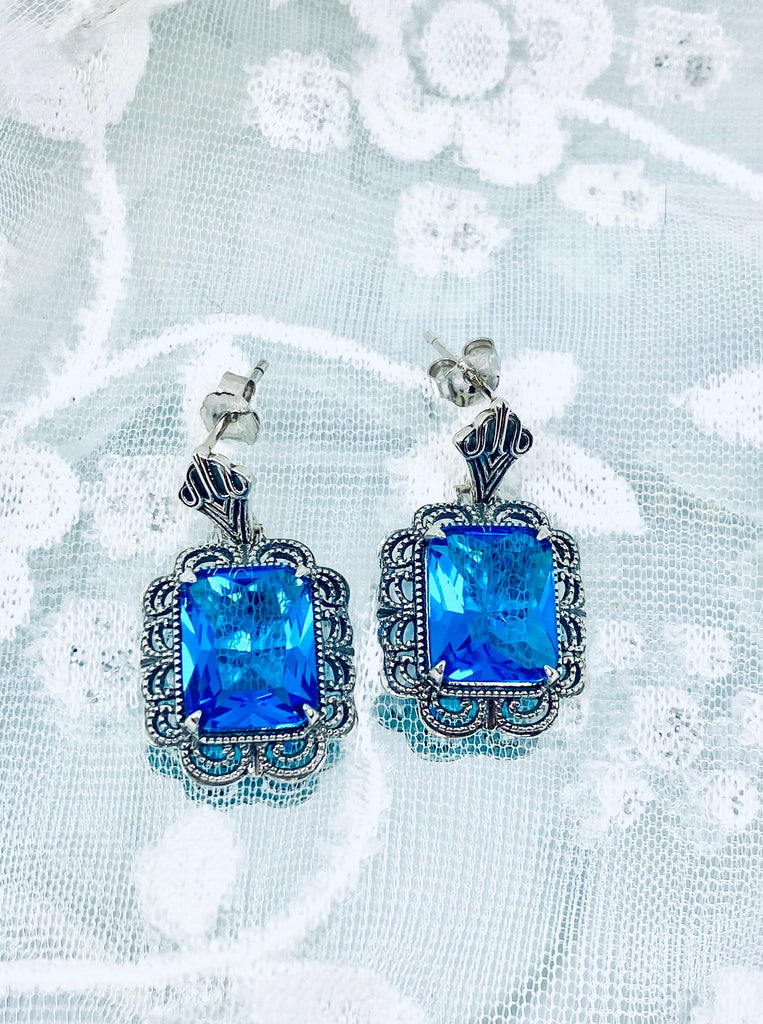Swiss Blue Earrings, Rectangle Gem, Sterling Silver Filigree, Victorian Style, Silver Embrace Jewelry, E8z Short Festoon Earrings