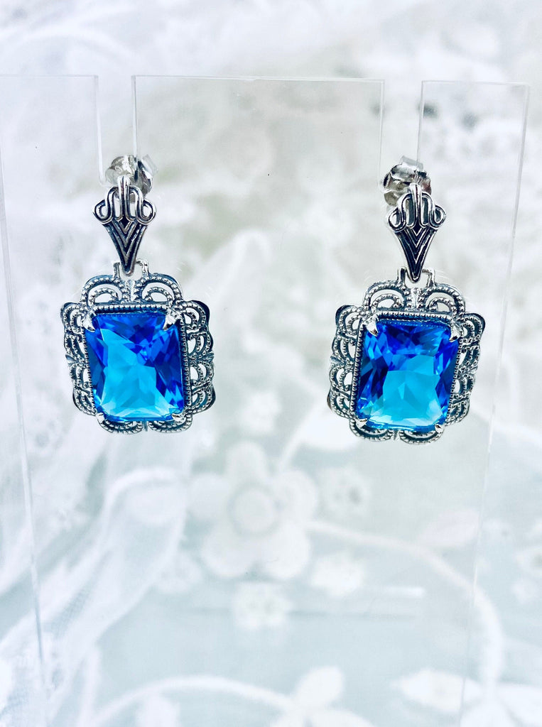 Swiss Blue Earrings, Rectangle Gem, Sterling Silver Filigree, Victorian Style, Silver Embrace Jewelry, E8z Short Festoon Earrings