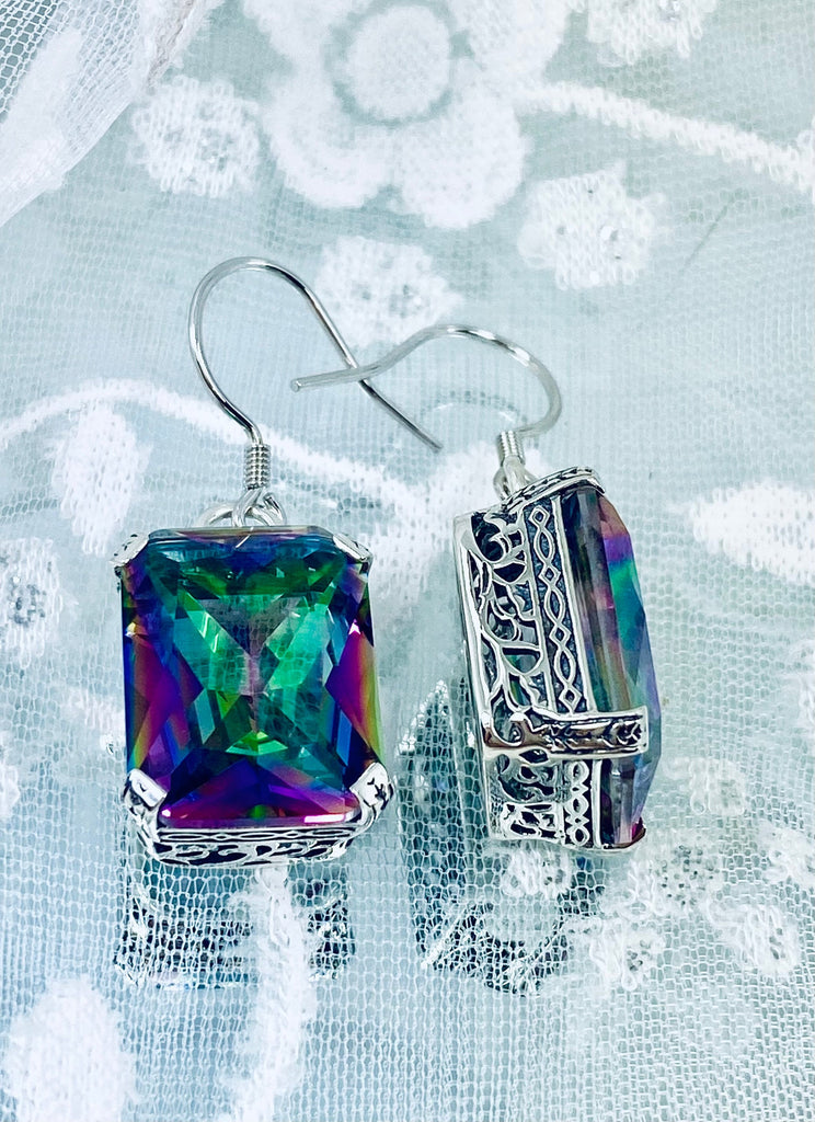 Mystic Topaz Earrings, Art Deco Sterling Silver Etched filigree Jewelry, Silver Embrace Jewelry, E5